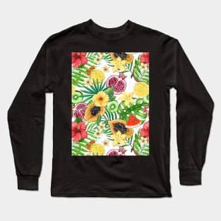 Tropical mix-fruit, flowers and leaves on white Long Sleeve T-Shirt